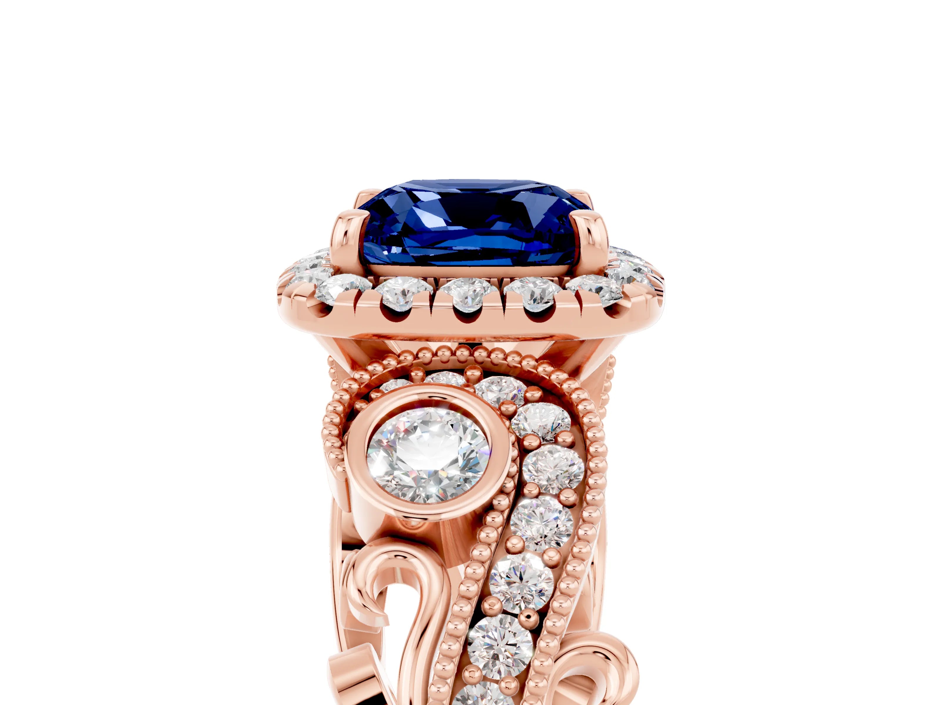 Rose gold Cushion Cut Blue Sapphire Halo Ring with Milgrain Pavé Band and Four-Prong Setting_17