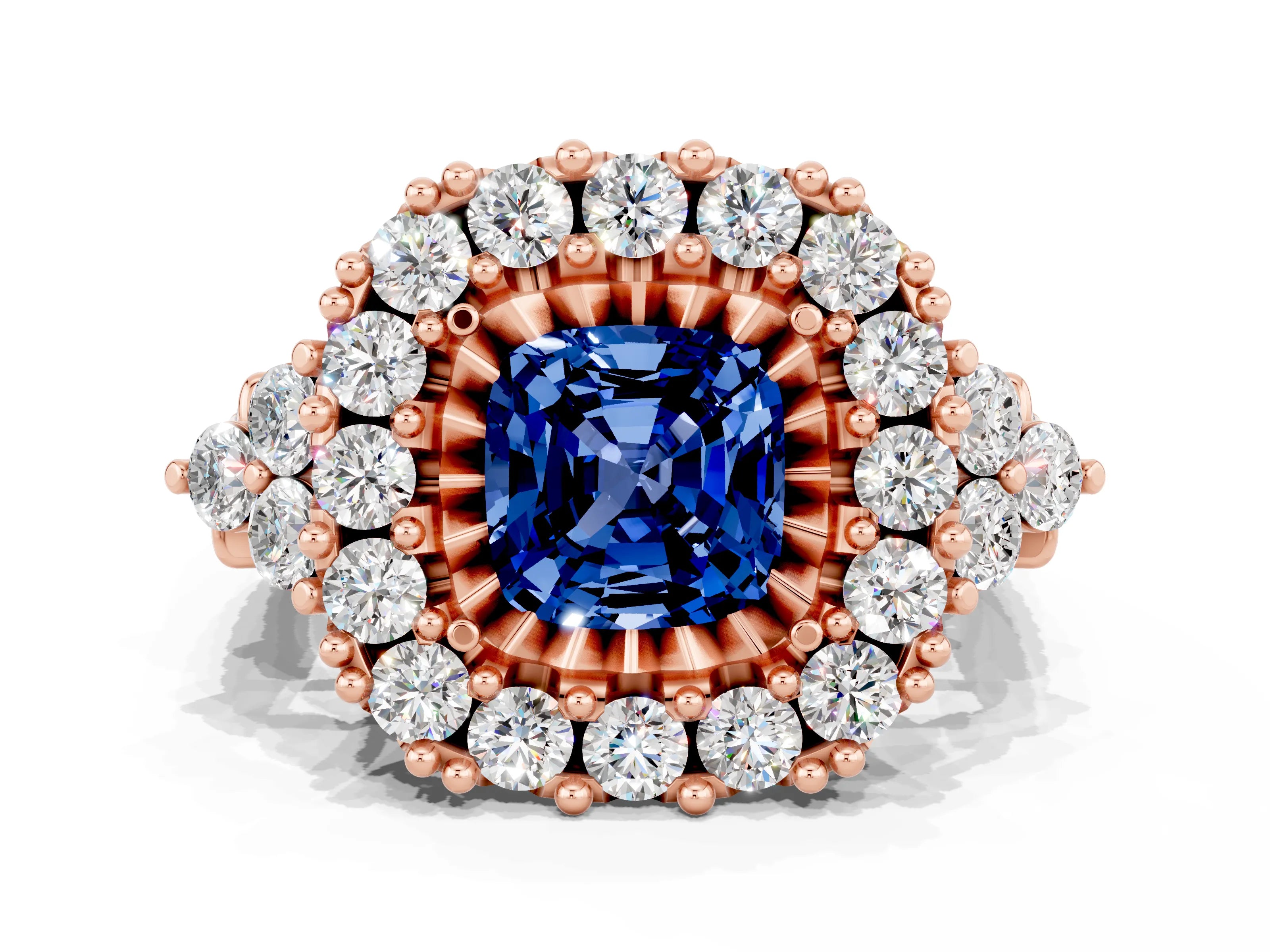 Rose gold Cushion Cut Blue Sapphire Halo Ring with Pavé Band and Four-Prong Setting_12