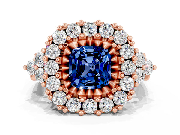 Rose gold Cushion Cut Blue Sapphire Halo Ring with Pavé Band and Four-Prong Setting
