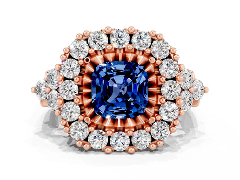 Rose gold Cushion Cut Blue Sapphire Halo Ring with Pavé Band and Four-Prong Setting_12