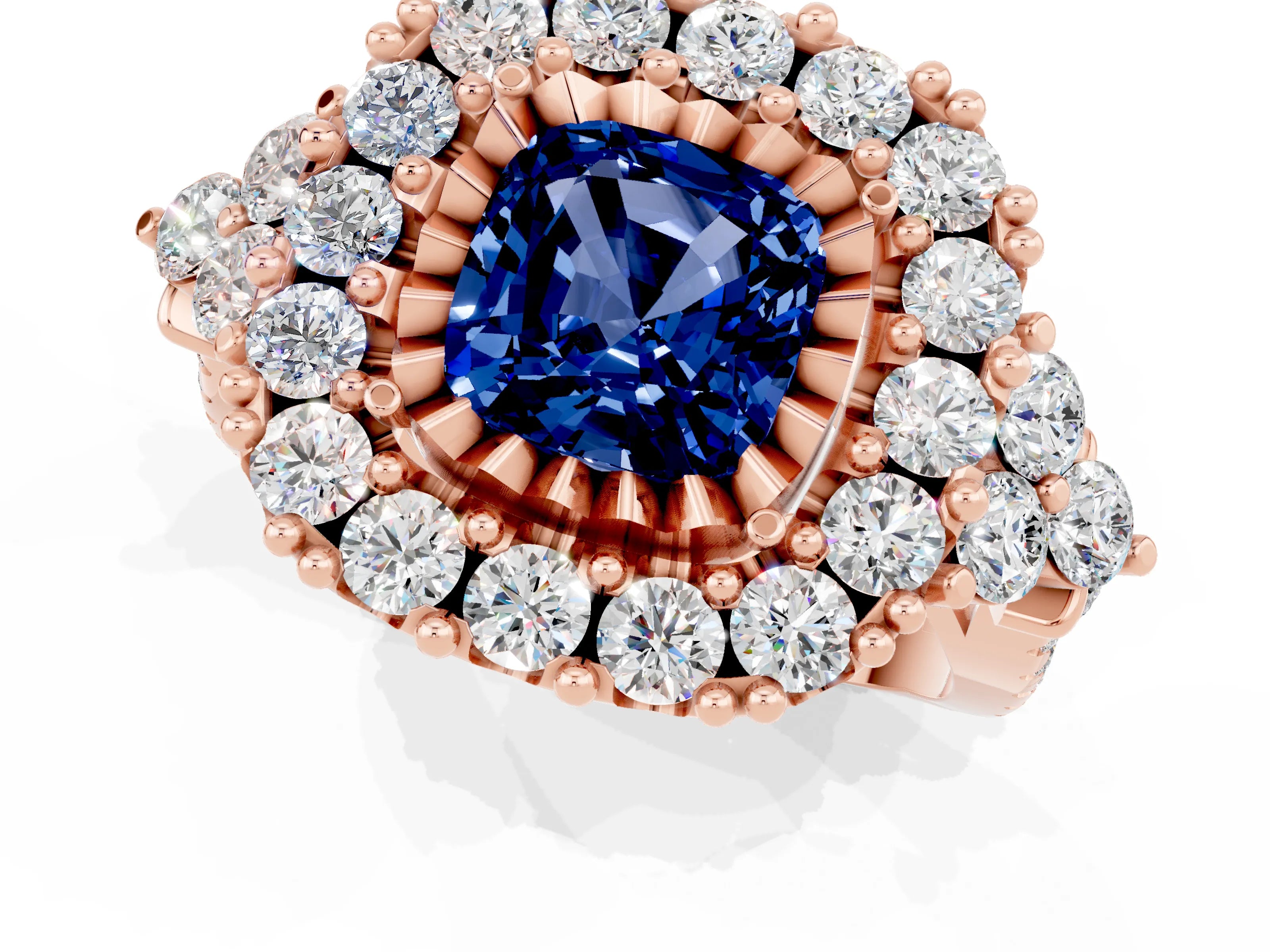 Rose gold Cushion Cut Blue Sapphire Halo Ring with Pavé Band and Four-Prong Setting_13