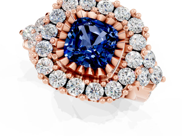 Rose gold Cushion Cut Blue Sapphire Halo Ring with Pavé Band and Four-Prong Setting