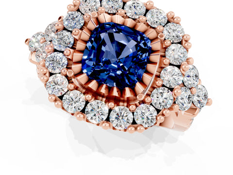 Rose gold Cushion Cut Blue Sapphire Halo Ring with Pavé Band and Four-Prong Setting_13