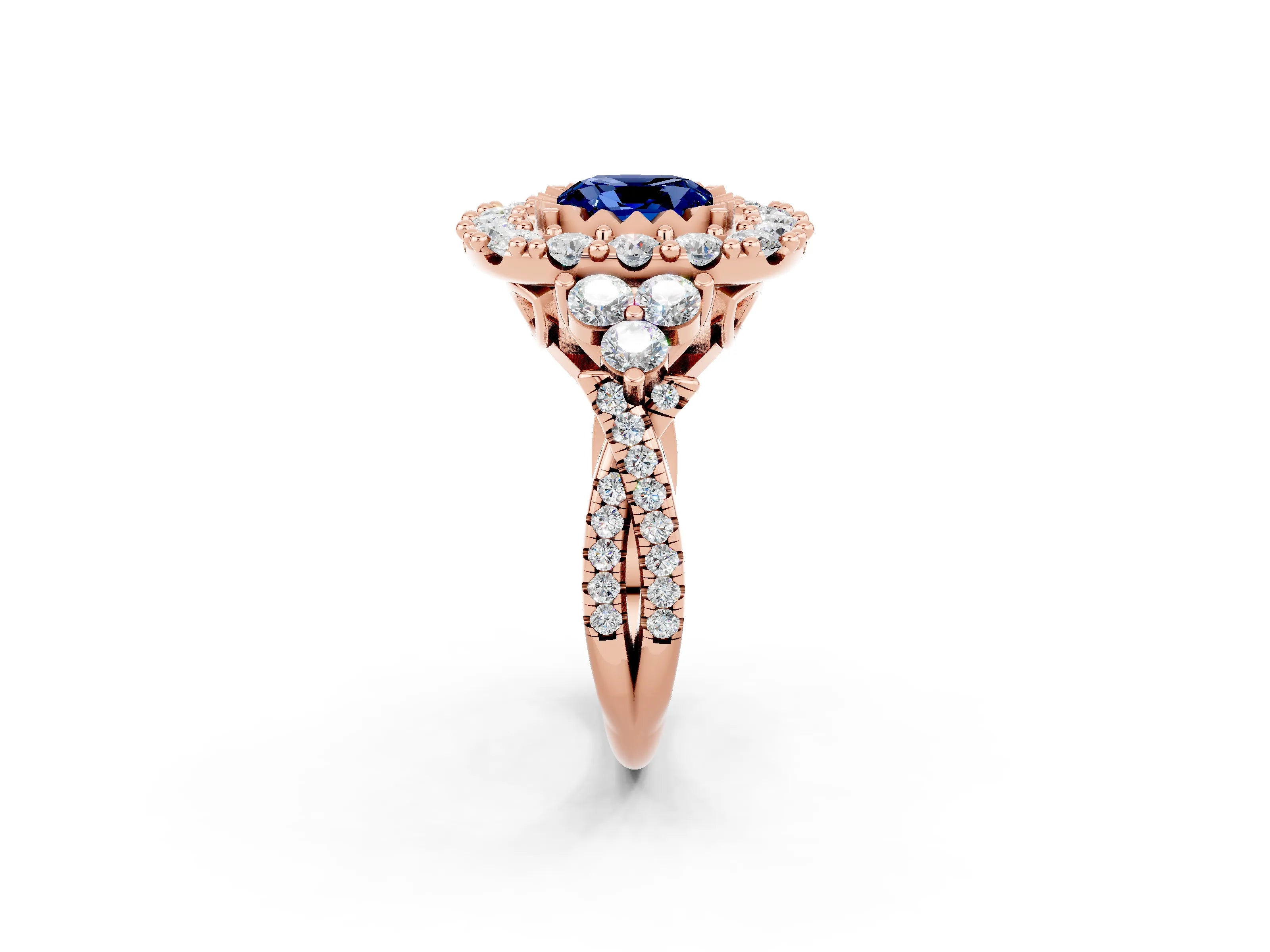 Rose gold Cushion Cut Blue Sapphire Halo Ring with Pavé Band and Four-Prong Setting_14