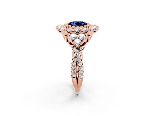 Rose gold Cushion Cut Blue Sapphire Halo Ring with Pavé Band and Four-Prong Setting