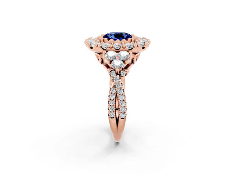 Rose gold Cushion Cut Blue Sapphire Halo Ring with Pavé Band and Four-Prong Setting_14