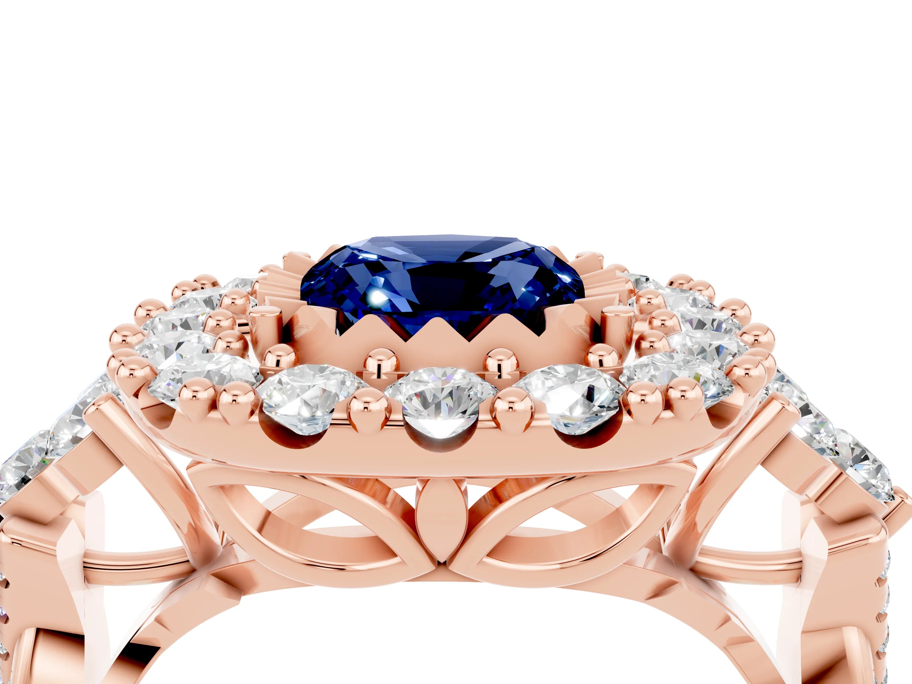 Rose gold Cushion Cut Blue Sapphire Halo Ring with Pavé Band and Four-Prong Setting_16