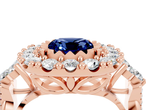 Rose gold Cushion Cut Blue Sapphire Halo Ring with Pavé Band and Four-Prong Setting_16