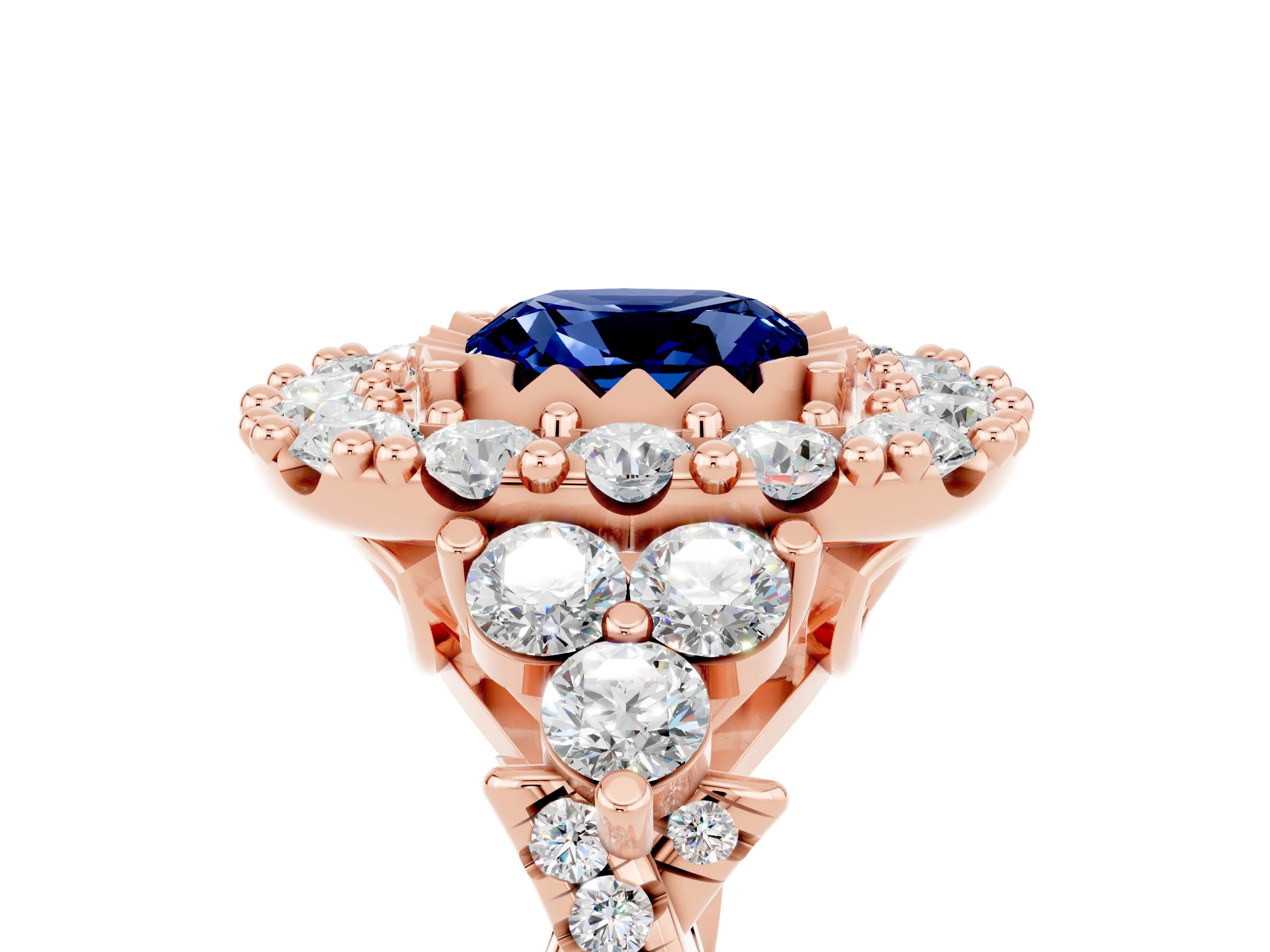 Rose gold Cushion Cut Blue Sapphire Halo Ring with Pavé Band and Four-Prong Setting_17