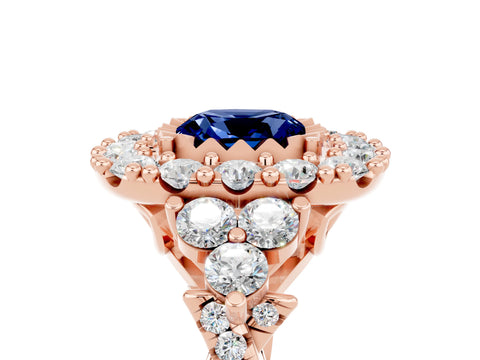 Rose gold Cushion Cut Blue Sapphire Halo Ring with Pavé Band and Four-Prong Setting_17