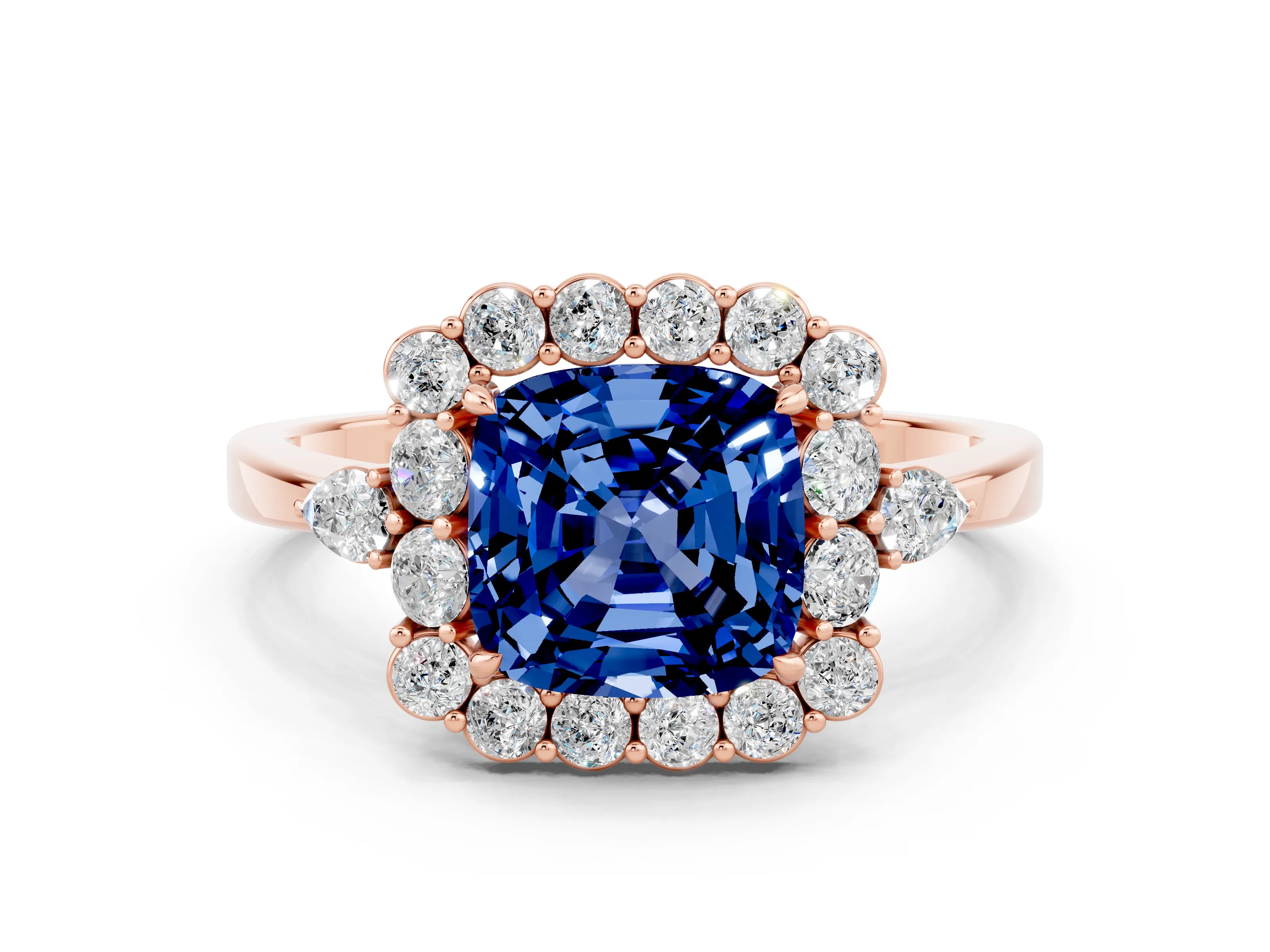 Rose gold Cushion Cut Blue Sapphire Halo Ring with Pear Side Stones and Prong Setting_12