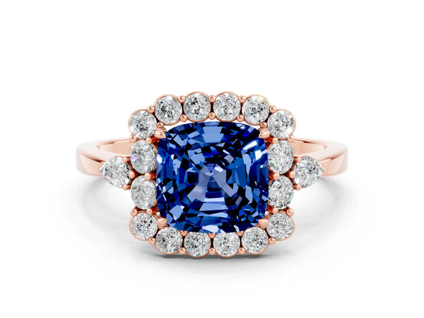 Rose gold Cushion Cut Blue Sapphire Halo Ring with Pear Side Stones and Prong Setting