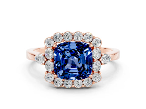 Rose gold Cushion Cut Blue Sapphire Halo Ring with Pear Side Stones and Prong Setting_12