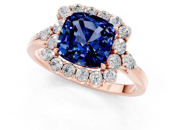 Rose gold Cushion Cut Blue Sapphire Halo Ring with Pear Side Stones and Prong Setting