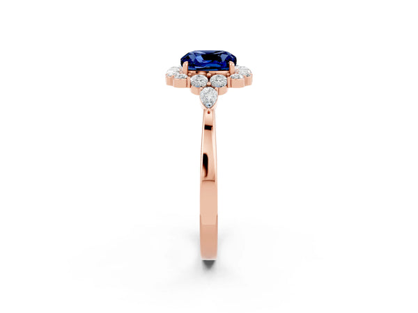 Rose gold Cushion Cut Blue Sapphire Halo Ring with Pear Side Stones and Prong Setting
