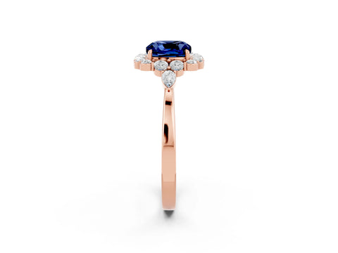 Rose gold Cushion Cut Blue Sapphire Halo Ring with Pear Side Stones and Prong Setting_14