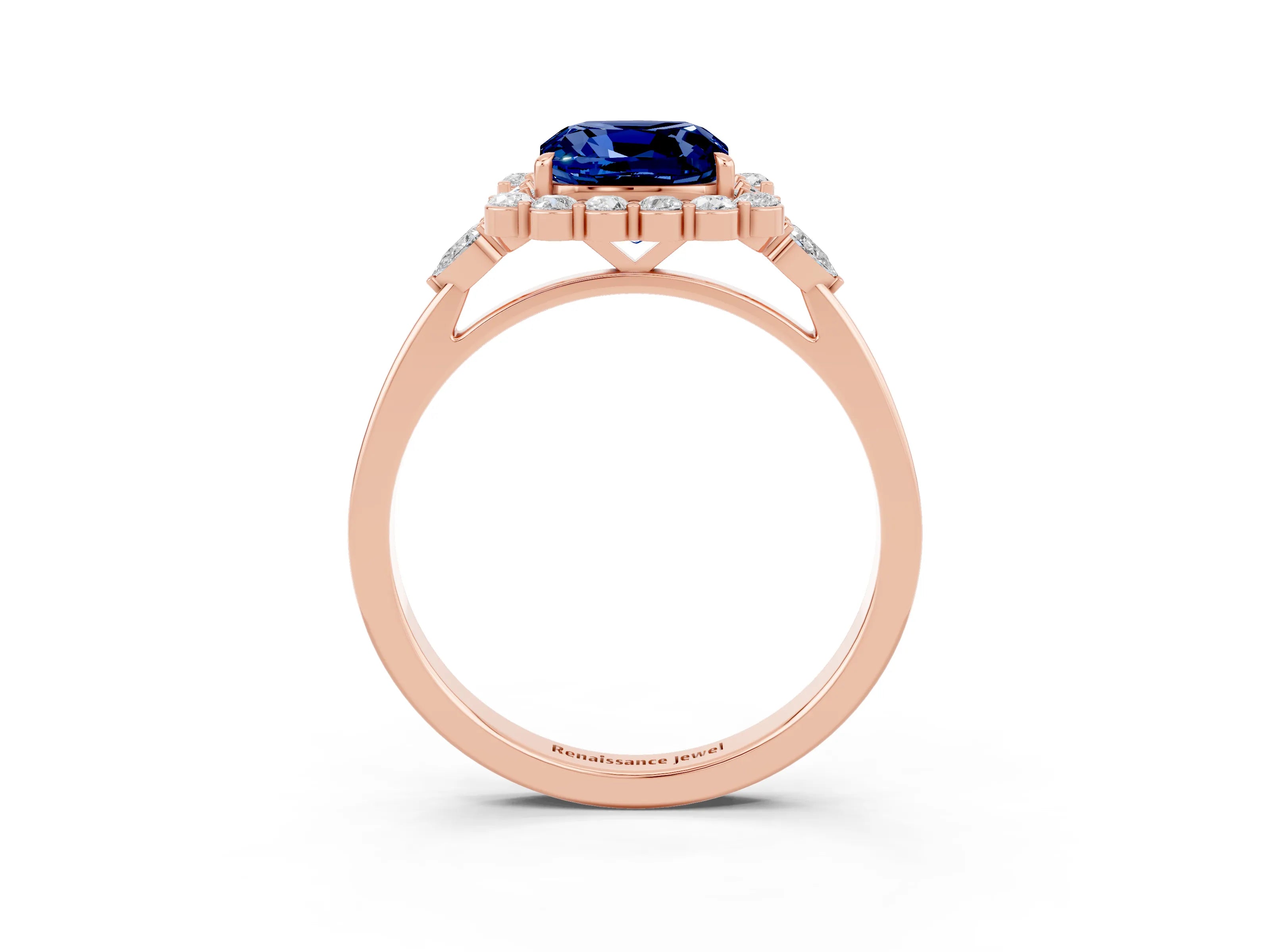 Rose gold Cushion Cut Blue Sapphire Halo Ring with Pear Side Stones and Prong Setting_15