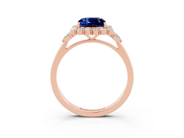 Rose gold Cushion Cut Blue Sapphire Halo Ring with Pear Side Stones and Prong Setting