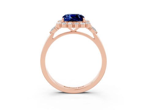 Rose gold Cushion Cut Blue Sapphire Halo Ring with Pear Side Stones and Prong Setting_15