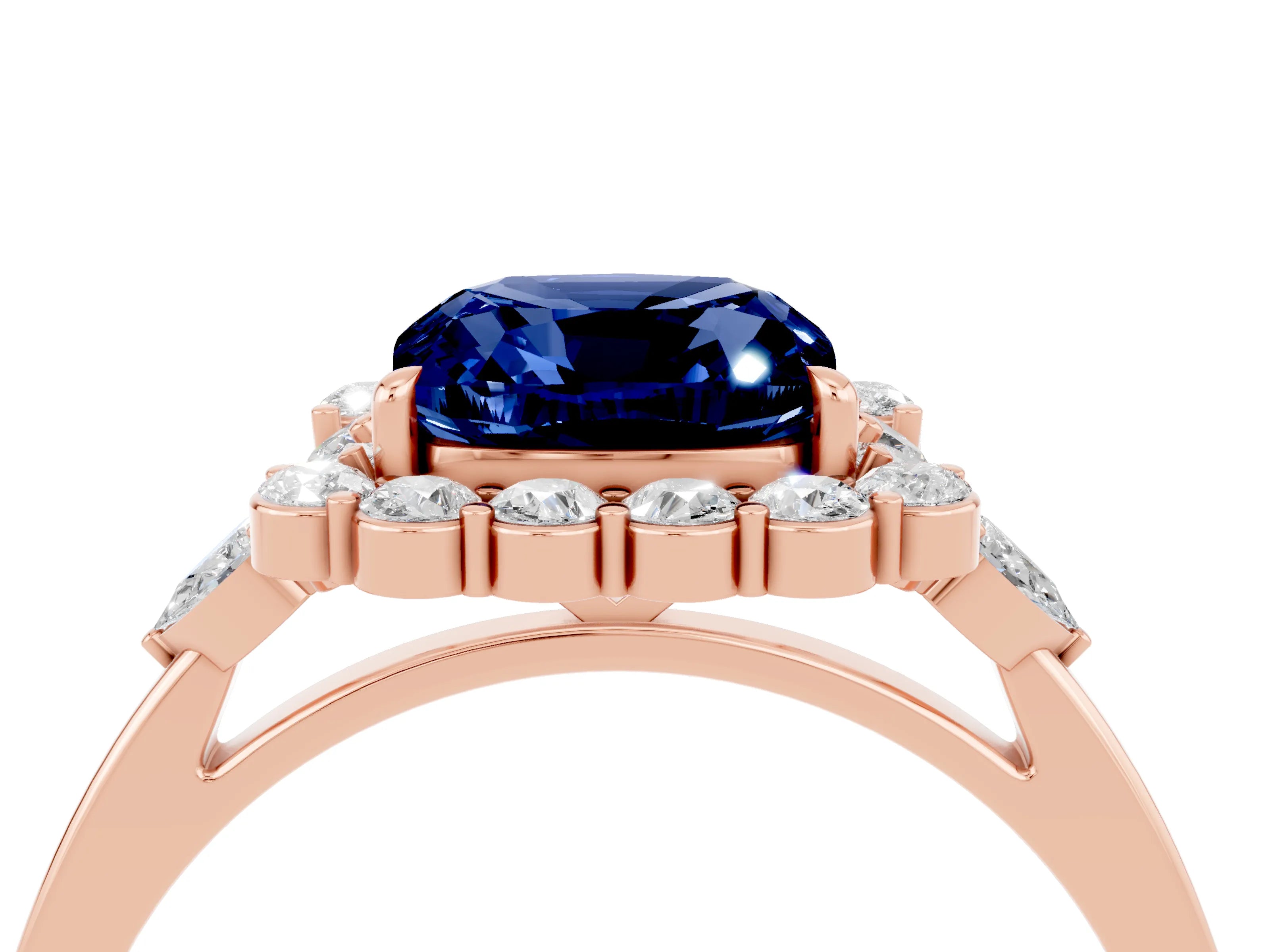 Rose gold Cushion Cut Blue Sapphire Halo Ring with Pear Side Stones and Prong Setting_16