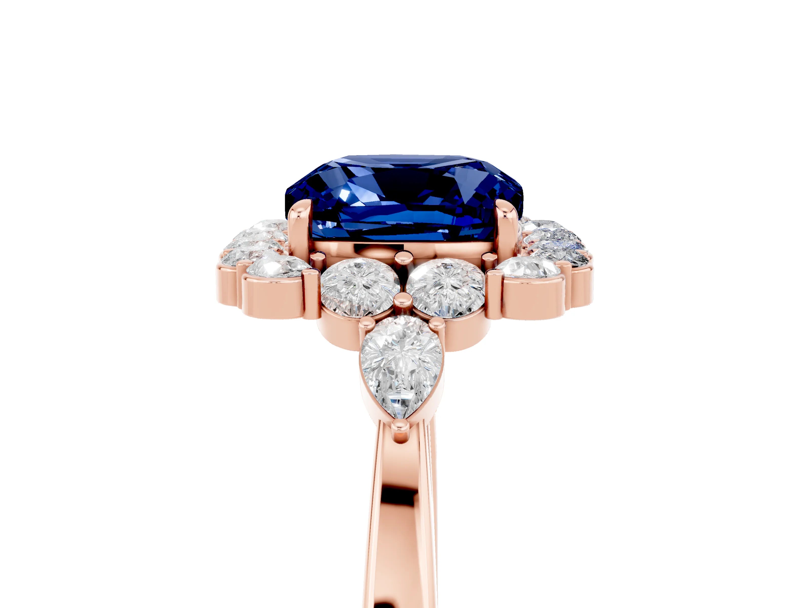 Rose gold Cushion Cut Blue Sapphire Halo Ring with Pear Side Stones and Prong Setting_17
