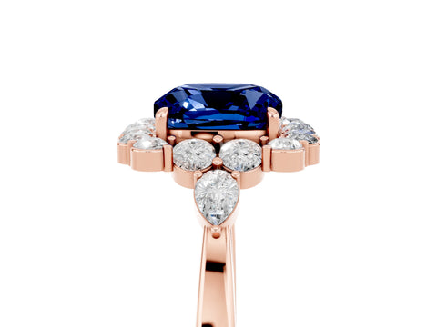 Rose gold Cushion Cut Blue Sapphire Halo Ring with Pear Side Stones and Prong Setting_17