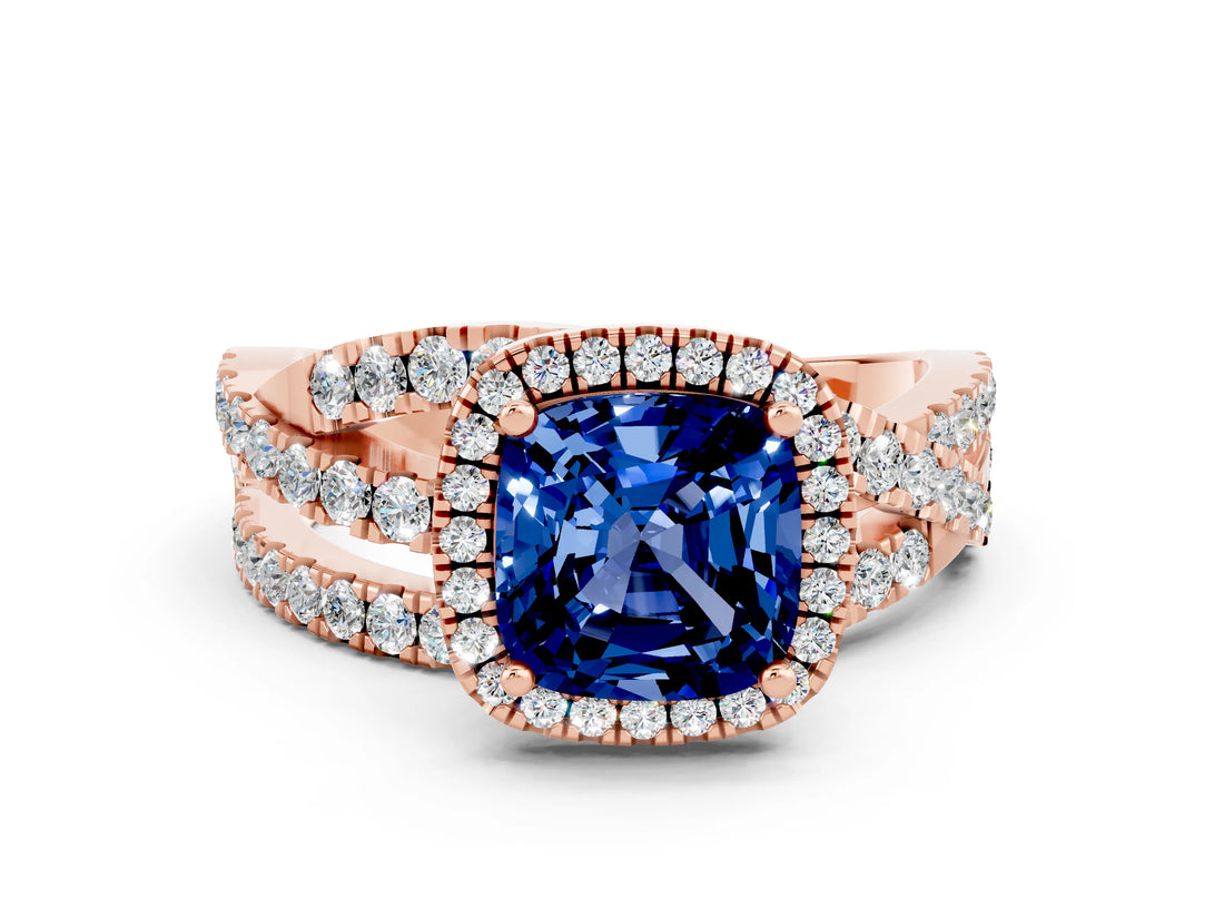 Rose gold Cushion Cut Blue Sapphire Halo Ring with Round Split Shank and Prong Setting_48
