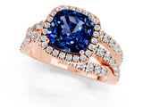 Rose gold Cushion Cut Blue Sapphire Halo Ring with Round Split Shank and Prong Setting_49
