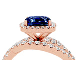 Rose gold Cushion Cut Blue Sapphire Halo Ring with Round Split Shank and Prong Setting_52