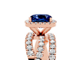 Rose gold Cushion Cut Blue Sapphire Halo Ring with Round Split Shank and Prong Setting_53