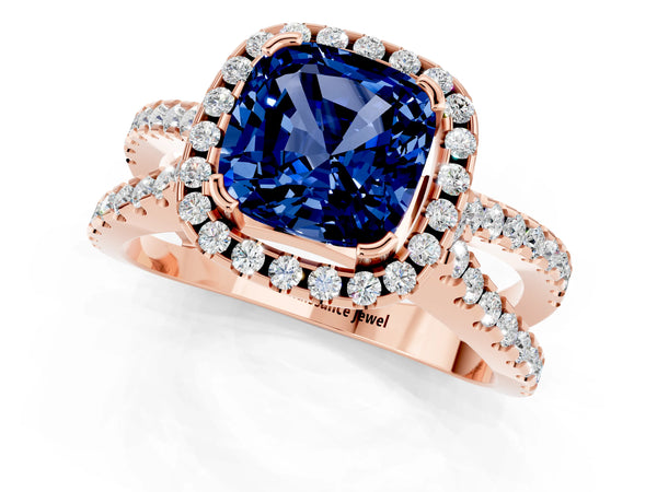 Rose gold Cushion Cut Blue Sapphire Halo Ring with Split Shank Pavé Band and Prong Setting