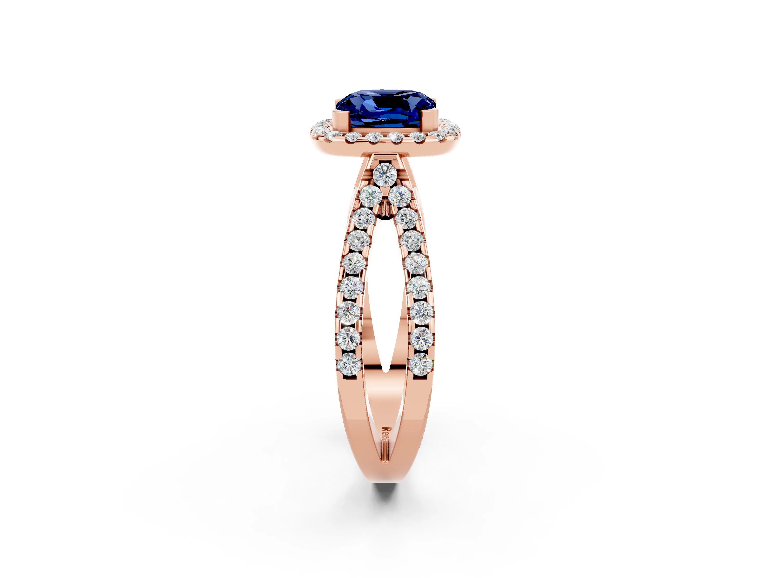 Rose gold Cushion Cut Blue Sapphire Halo Ring with Split Shank Pavé Band and Prong Setting_2