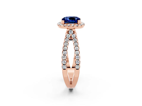 Rose gold Cushion Cut Blue Sapphire Halo Ring with Split Shank Pavé Band and Prong Setting_2