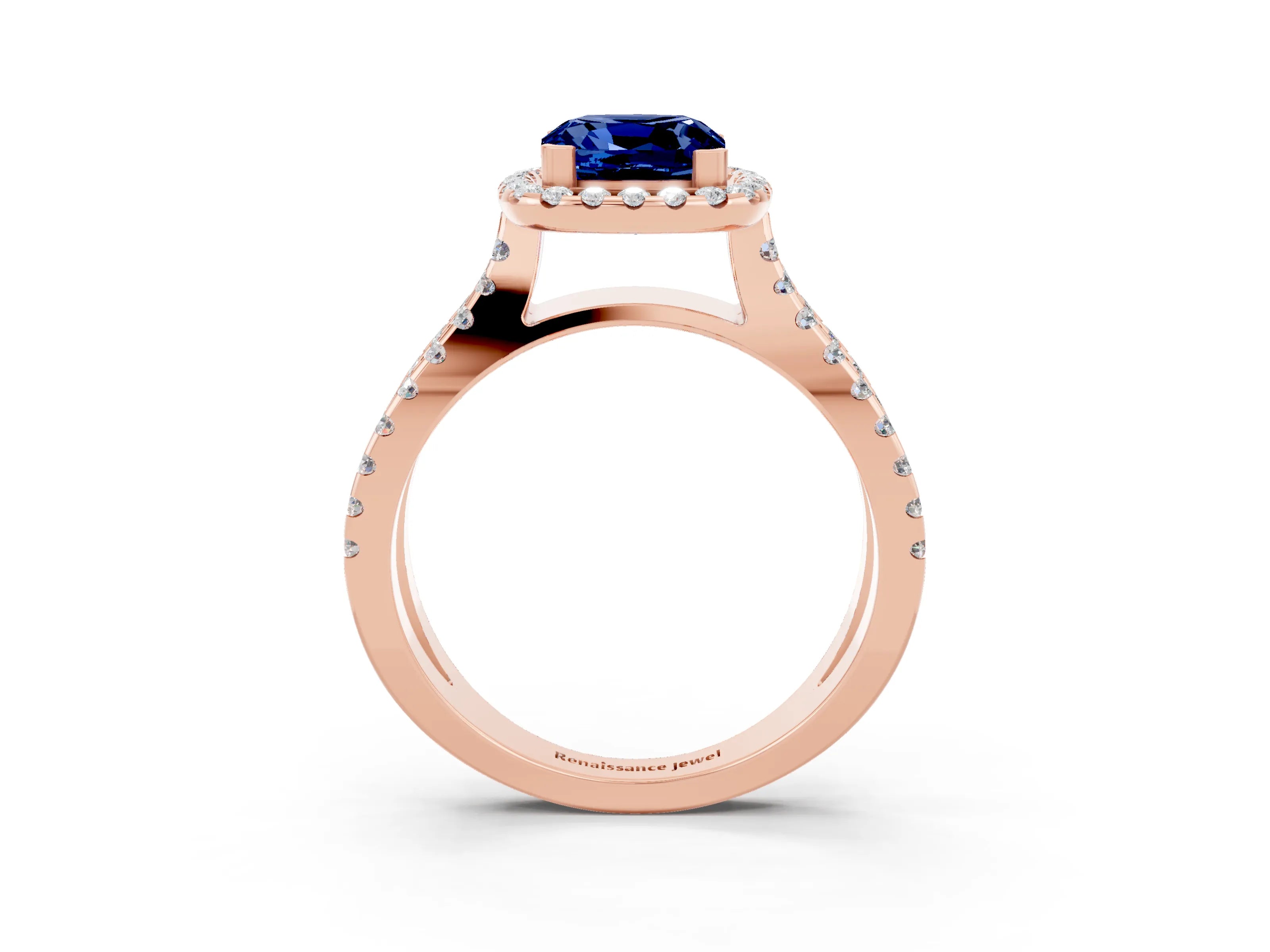 Rose gold Cushion Cut Blue Sapphire Halo Ring with Split Shank Pavé Band and Prong Setting_3