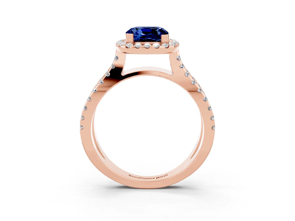 Rose gold Cushion Cut Blue Sapphire Halo Ring with Split Shank Pavé Band and Prong Setting
