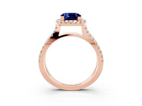 Rose gold Cushion Cut Blue Sapphire Halo Ring with Split Shank Pavé Band and Prong Setting_3