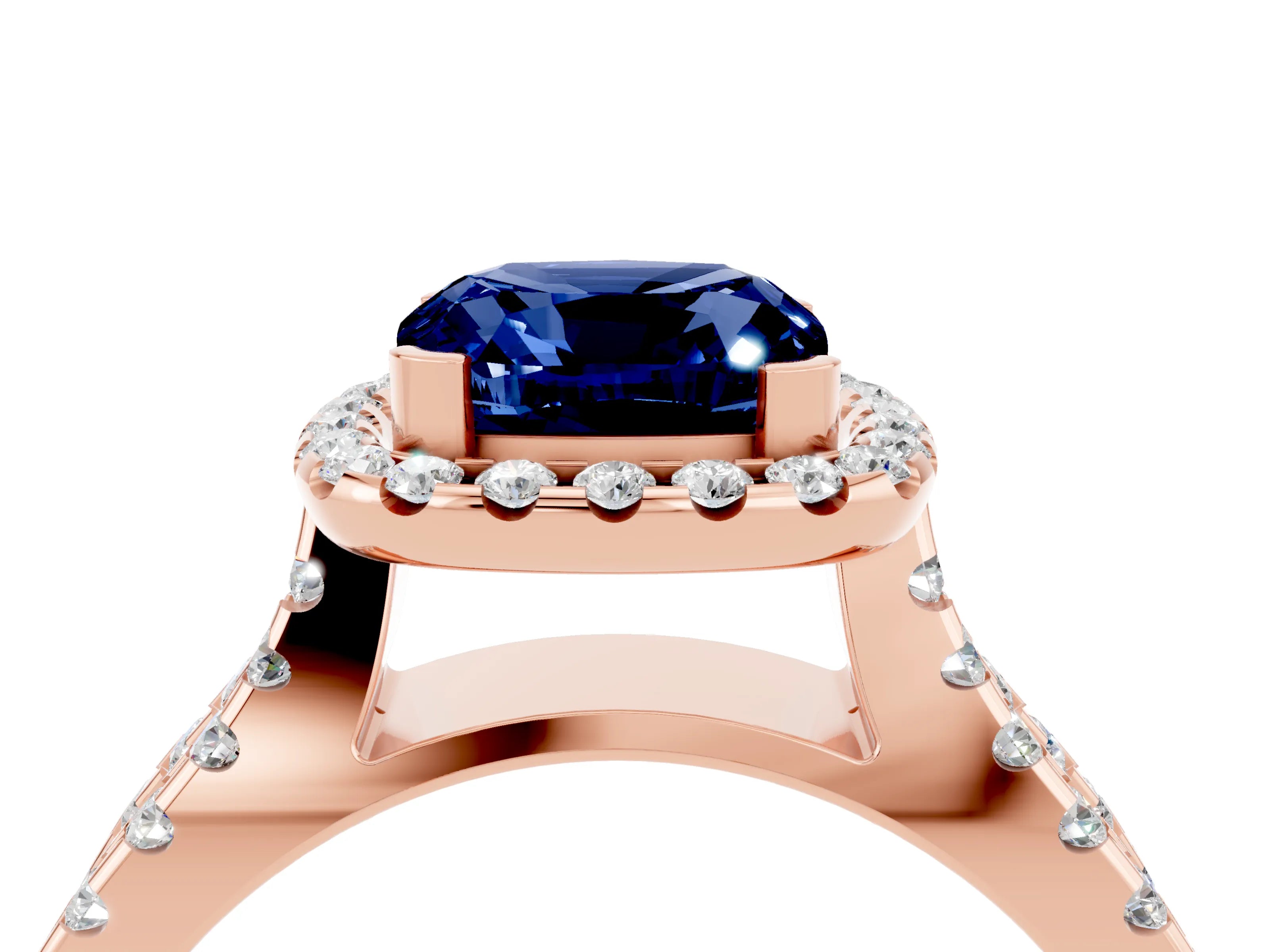 Rose gold Cushion Cut Blue Sapphire Halo Ring with Split Shank Pavé Band and Prong Setting_4