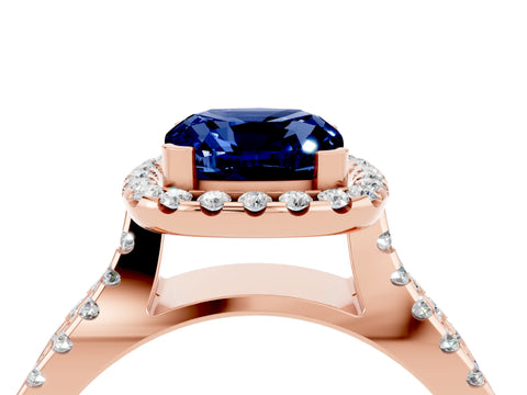 Rose gold Cushion Cut Blue Sapphire Halo Ring with Split Shank Pavé Band and Prong Setting_4
