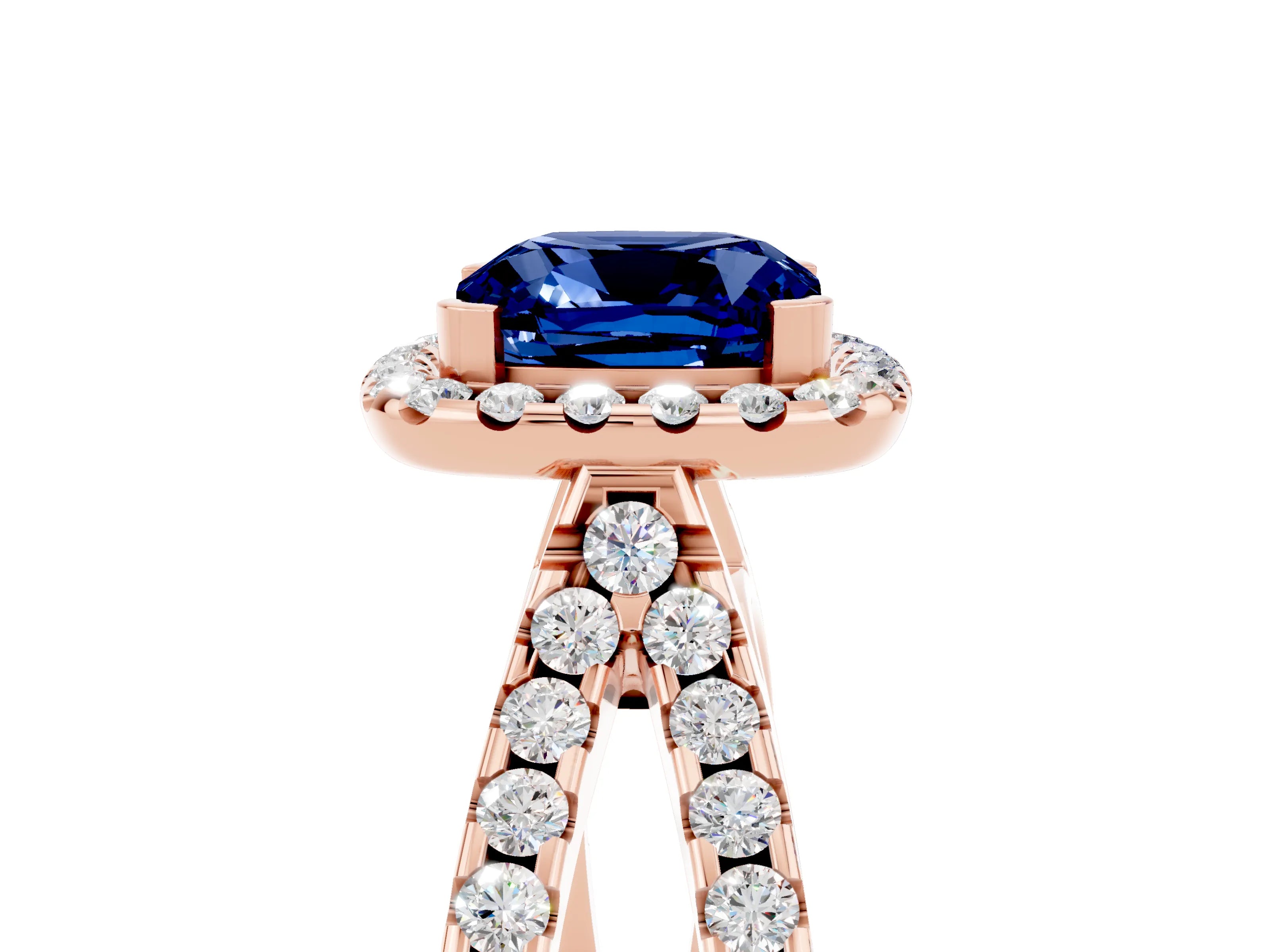 Rose gold Cushion Cut Blue Sapphire Halo Ring with Split Shank Pavé Band and Prong Setting_5
