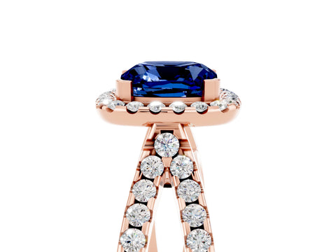 Rose gold Cushion Cut Blue Sapphire Halo Ring with Split Shank Pavé Band and Prong Setting_5