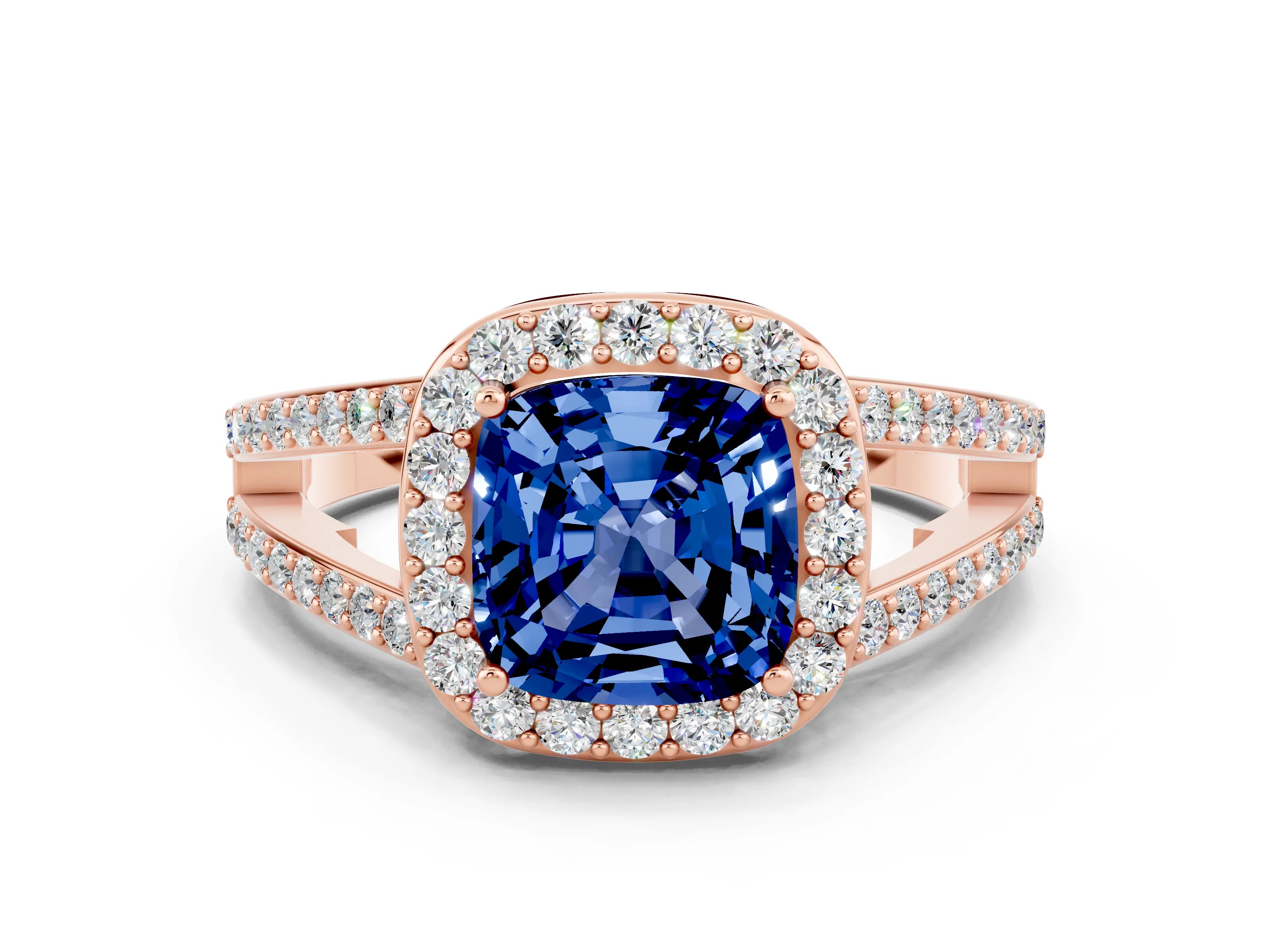 Rose gold Cushion Cut Blue Sapphire Halo Ring with Split Shank U-Prong Band and Four-Prong Setting
