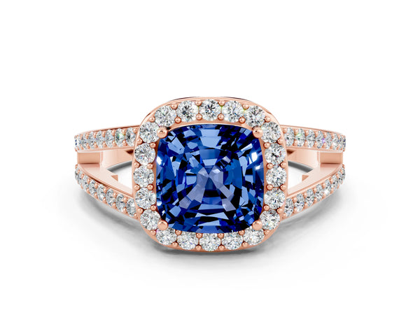 Rose gold Cushion Cut Blue Sapphire Halo Ring with Split Shank U-Prong Band and Four-Prong Setting