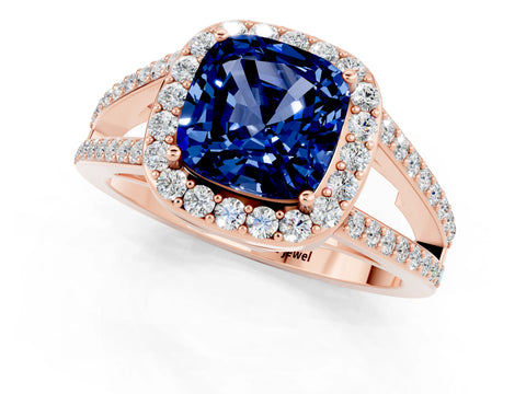 Rose gold Cushion Cut Blue Sapphire Halo Ring with Split Shank U-Prong Band and Four-Prong Setting_1