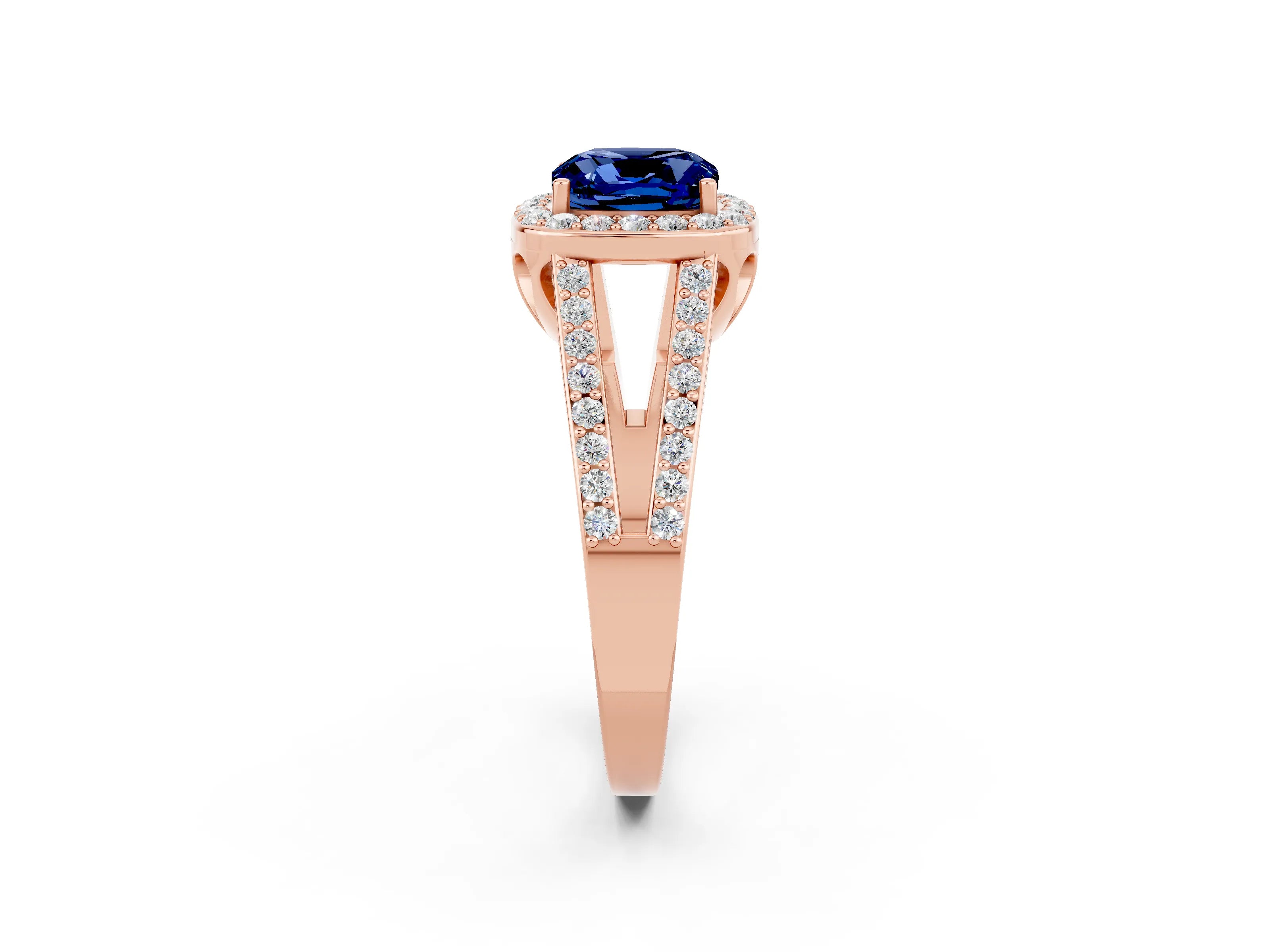 Rose gold Cushion Cut Blue Sapphire Halo Ring with Split Shank U-Prong Band and Four-Prong Setting_2