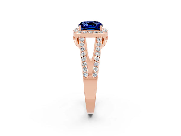 Rose gold Cushion Cut Blue Sapphire Halo Ring with Split Shank U-Prong Band and Four-Prong Setting