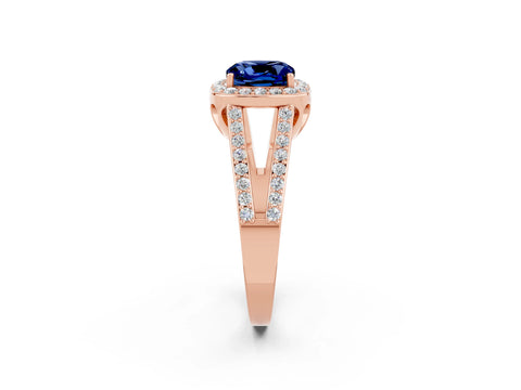 Rose gold Cushion Cut Blue Sapphire Halo Ring with Split Shank U-Prong Band and Four-Prong Setting_2