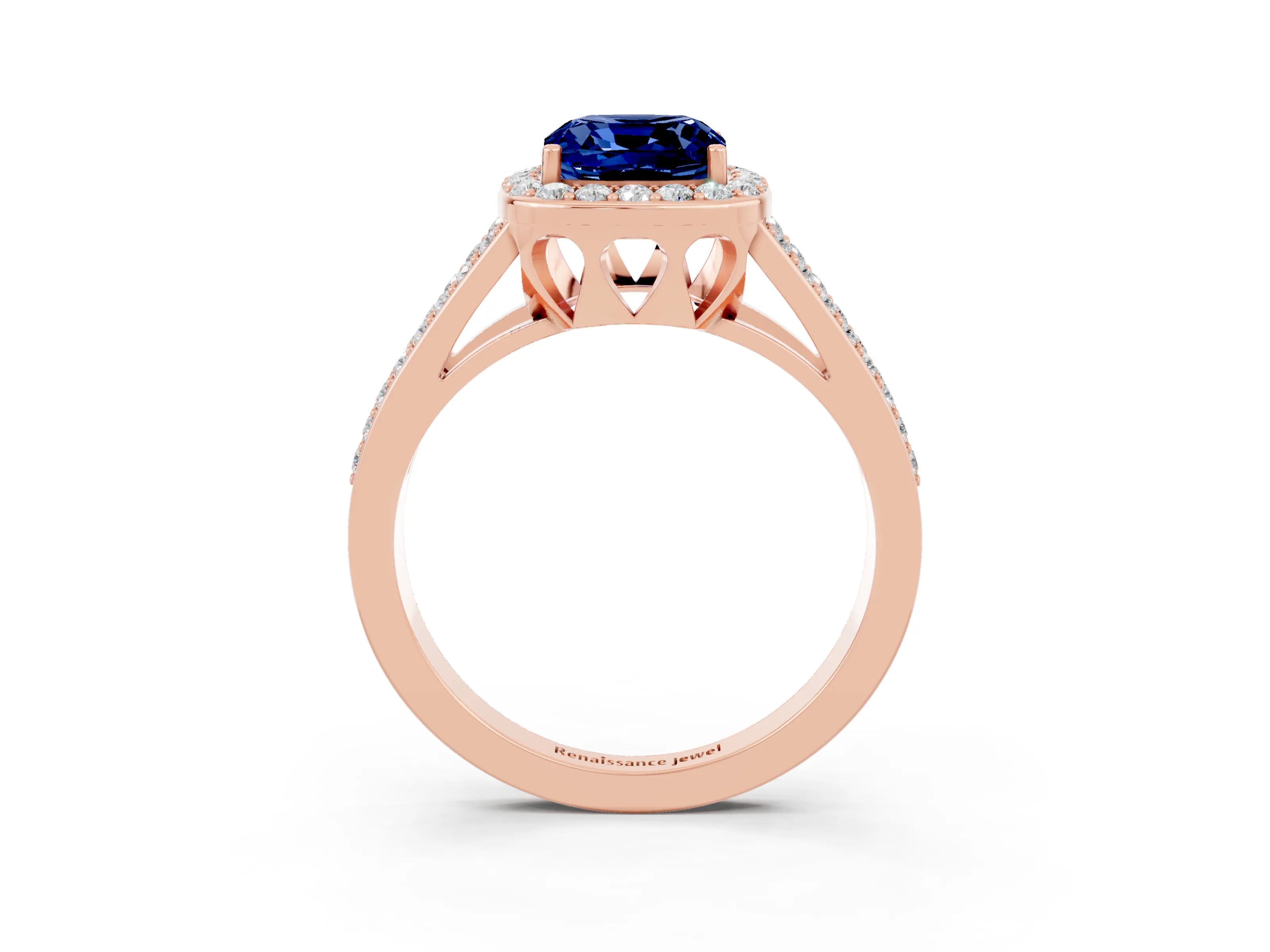 Rose gold Cushion Cut Blue Sapphire Halo Ring with Split Shank U-Prong Band and Four-Prong Setting_3