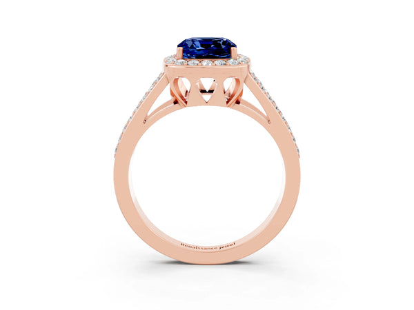 Rose gold Cushion Cut Blue Sapphire Halo Ring with Split Shank U-Prong Band and Four-Prong Setting