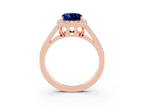 Rose gold Cushion Cut Blue Sapphire Halo Ring with Split Shank U-Prong Band and Four-Prong Setting_3