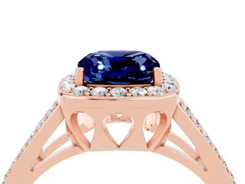 Rose gold Cushion Cut Blue Sapphire Halo Ring with Split Shank U-Prong Band and Four-Prong Setting_4